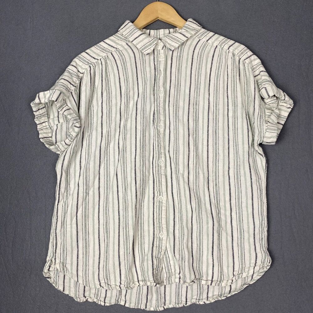 Eco Threads Shirt Women L White Black Striped Linen Blend Coastal Summer